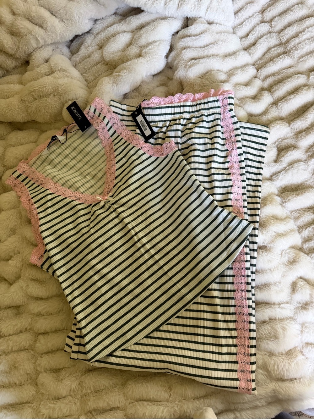 Striped Black & White Pajama Set with Pink Lace Trim